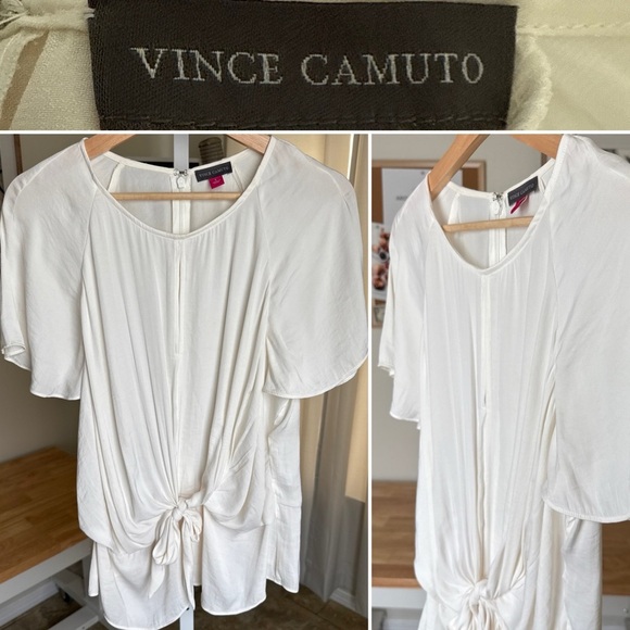 Vince Camuto Women’s Blouse Size L White Sheer Flowy Front Tie Keyhole Zip - Picture 1 of 8